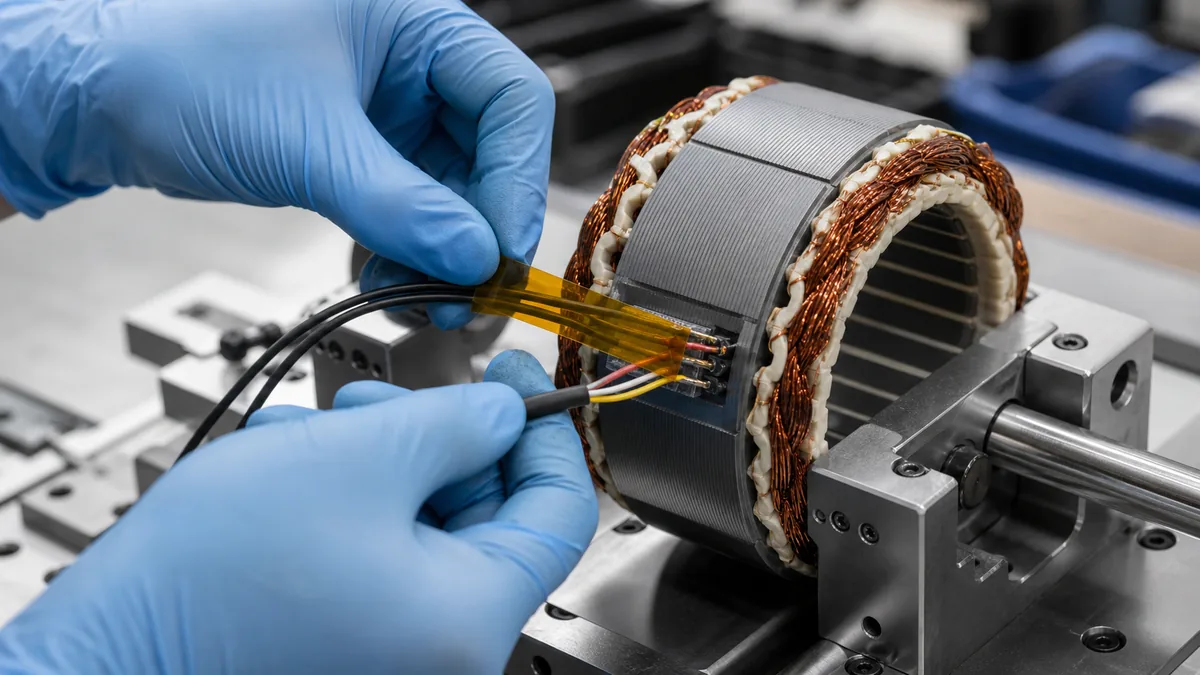 Motor technician applying amber polyimide tape over Hall sensor lead wires beside a BLDC stator winding